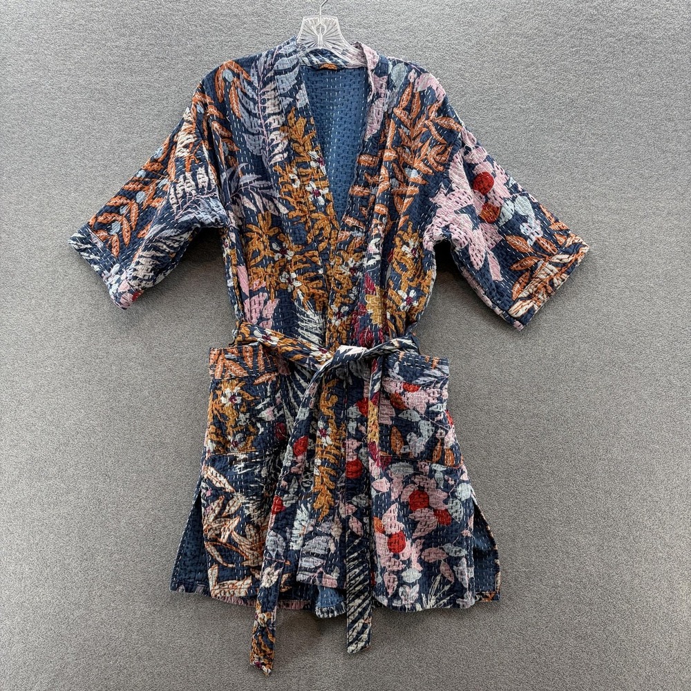 Kantha Robe Womens OS Blue Floral Quilted Cotton Kimono Belted Lounge Jacket